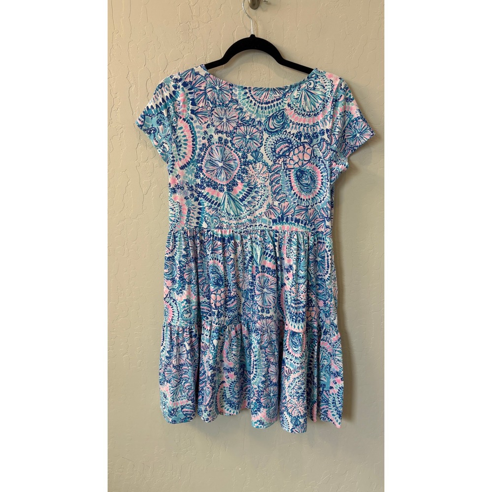 Lilly Pulitzer Geanna Tiered Cotton Shift Dress Blue Pink Shell Print Sz S - Picture 6 of 7